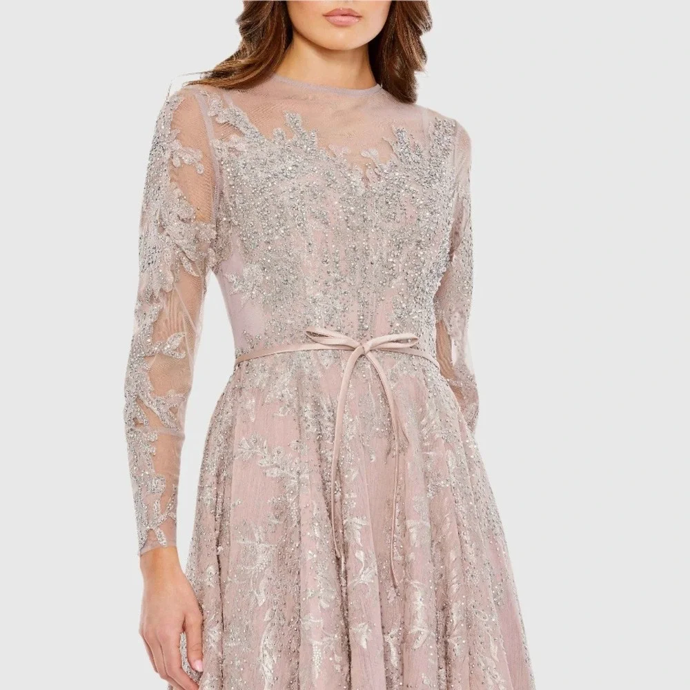 Mac Duggal Size 16 Pink Silver‎ Long Sleeve High Neck A-Line Midi Bow Dress Gown